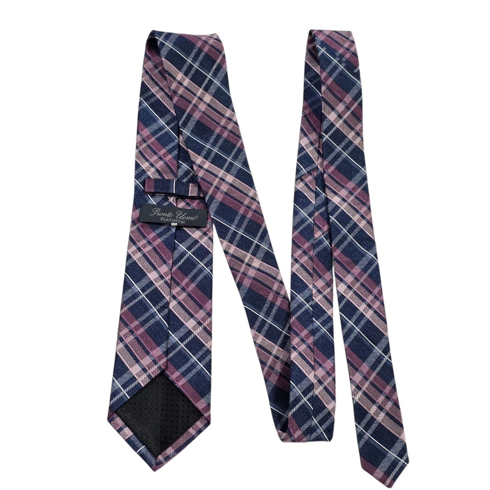 Pronto Uomo Platinum Mens Silk Necktie Blue Pink‎ Plaid Luxury Business Preppy